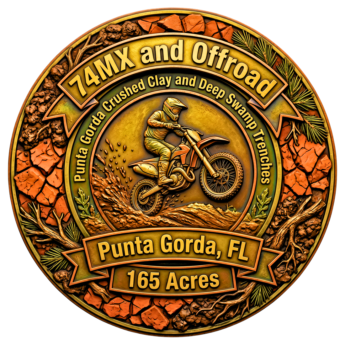 74MX and Offroad park emblem, Punta Gorda, FL. A carved plaque showing a dirt bike rider with '165 Acres' and 'Crushed Clay and Deep Swamp Trenches' text. Florida off-road trails.