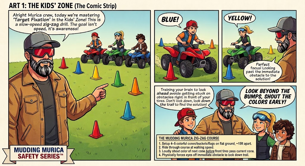 Mudding Murica Safety Series educational comic strip showing an adult coach teaching kids on 4-wheelers a zig-zag cone drill to defeat target fixation and build off-road trail awareness by shouting cone colors down the path.