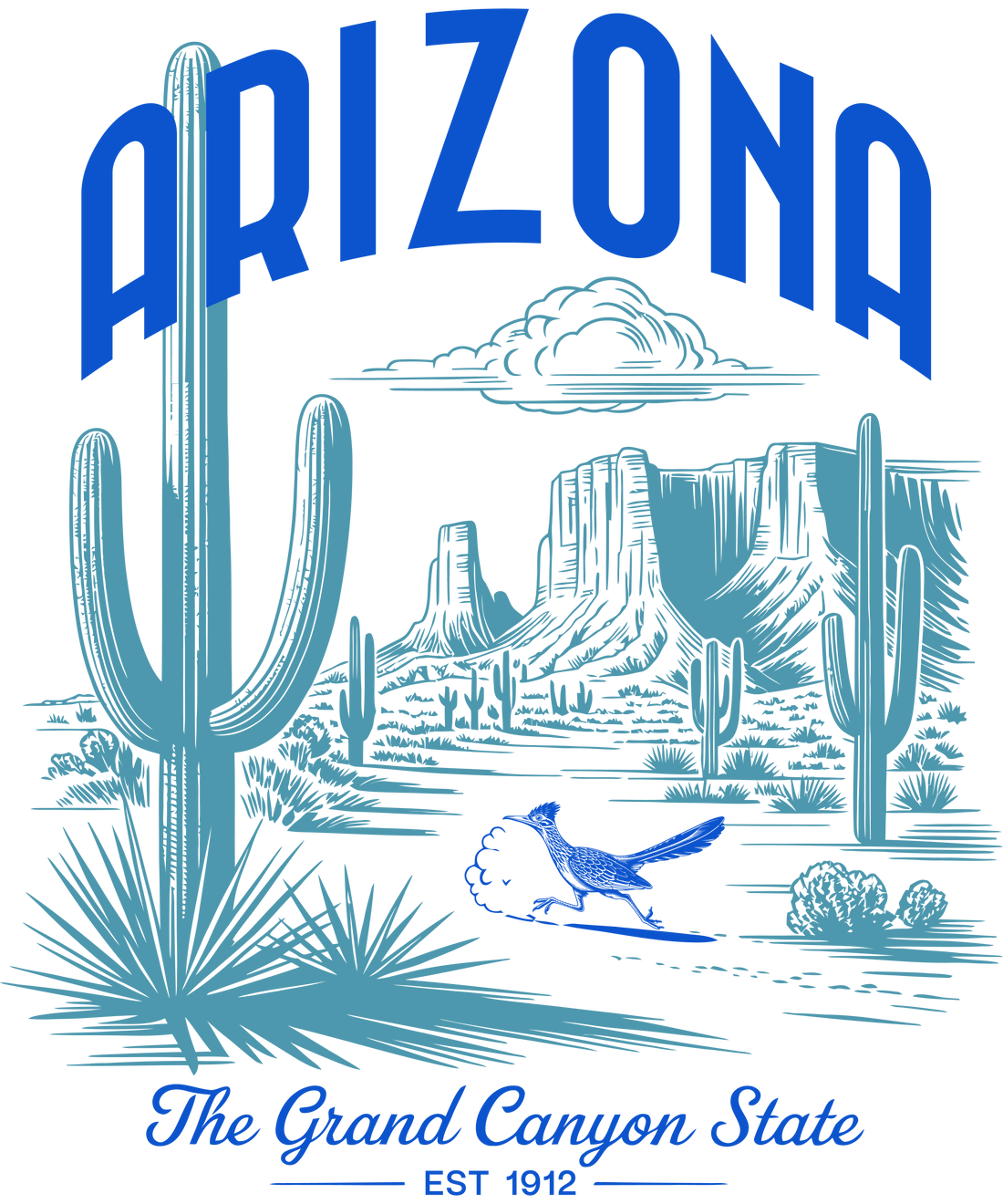 Vintage-style Arizona travel graphic featuring a desert landscape with Saguaro cacti, mesas, and a running roadrunner in blue and teal line art. Text reads 'Arizona The Grand Canyon State EST 1912' in bold and script fonts on a white background.