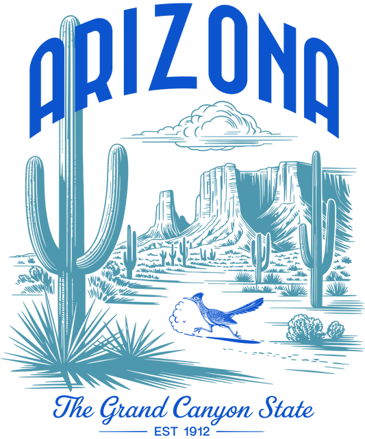 Vintage-style Arizona travel graphic featuring a desert landscape with Saguaro cacti, mesas, and a running roadrunner in blue and teal line art. Text reads 'Arizona The Grand Canyon State EST 1912' in bold and script fonts on a white background.