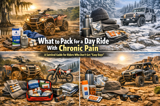 “four‑region off‑road gear collage showing ATVs, dirt bikes, and survival items for riders with chronic pain”