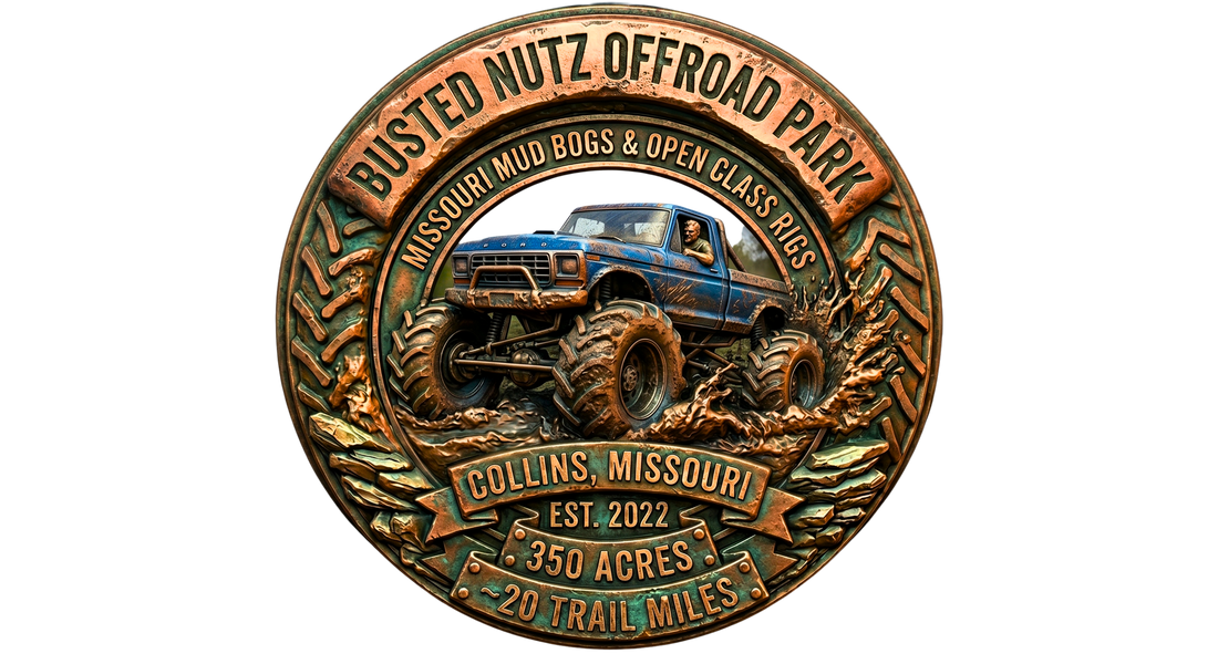 Bronze 3D emblem for Busted Nutz Offroad Park in Collins, MO. It features a lifted blue 4x4 truck splashing in mud, framed by tire treads, with text highlighting 350 acres, 20 trail miles, and Missouri mud bogs