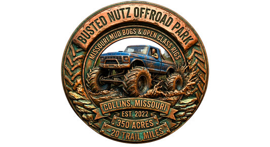 Bronze 3D emblem for Busted Nutz Offroad Park in Collins, MO. It features a lifted blue 4x4 truck splashing in mud, framed by tire treads, with text highlighting 350 acres, 20 trail miles, and Missouri mud bogs