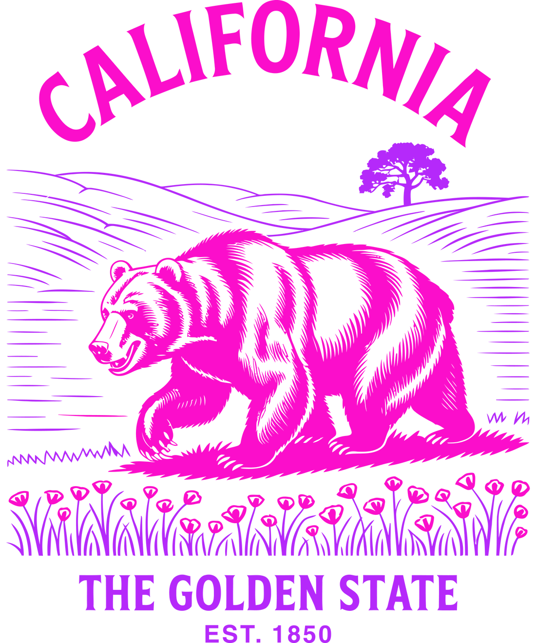 Pink and purple California graphic with a grizzly bear, poppies, and oak tree. Text: 'CALIFORNIA The Golden State EST. 1850' in a vintage linework style.
