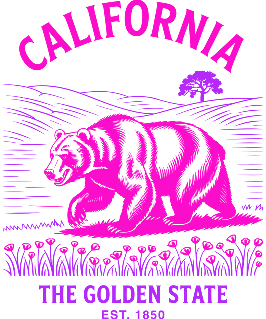 Pink and purple California graphic with a grizzly bear, poppies, and oak tree. Text: 'CALIFORNIA The Golden State EST. 1850' in a vintage linework style.