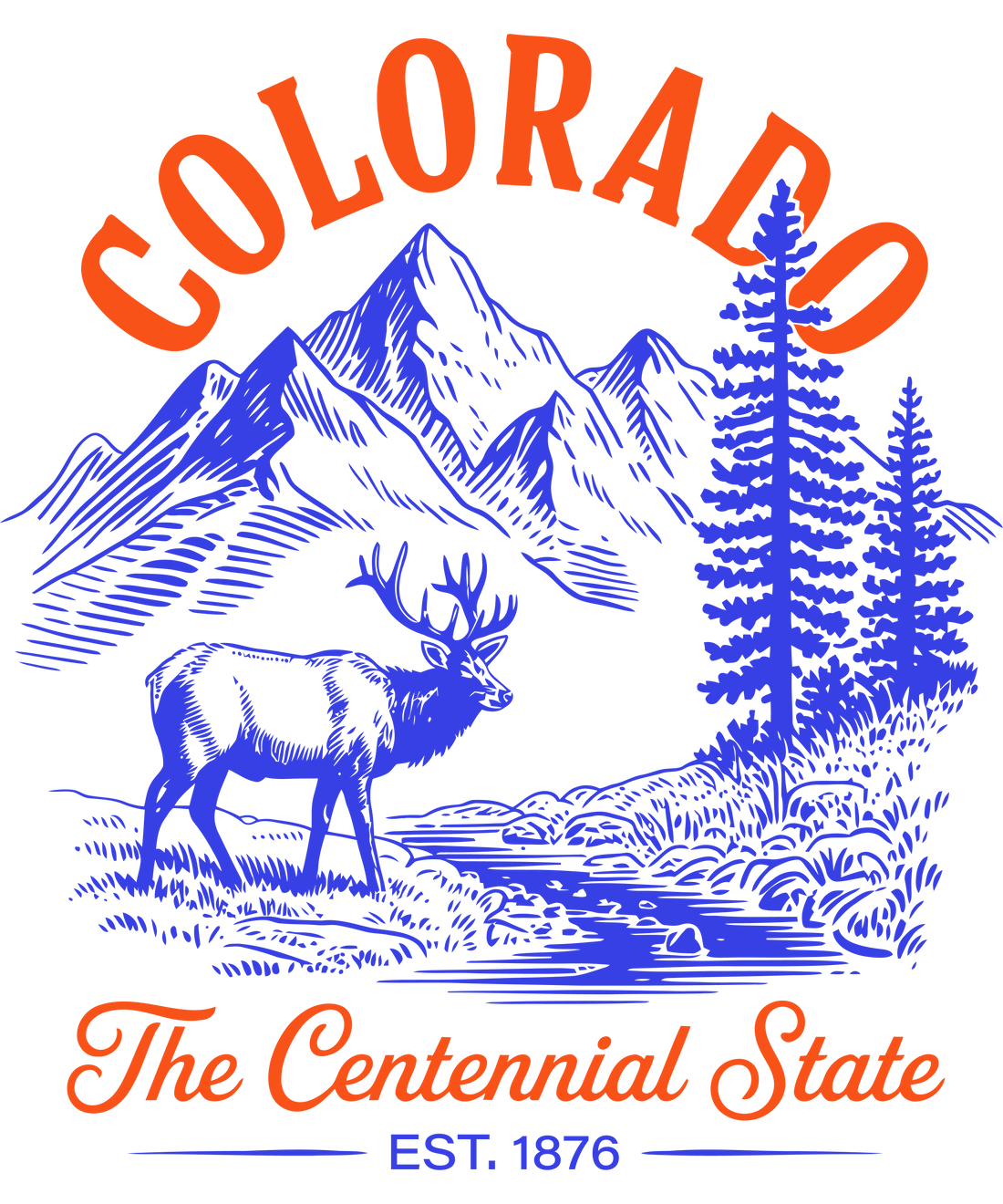 Vintage-style illustration of Colorado featuring a mule deer and snow-capped Rocky Mountains with the text "The Centennial State, Est. 1876."  Pro-Tip for Colorado: