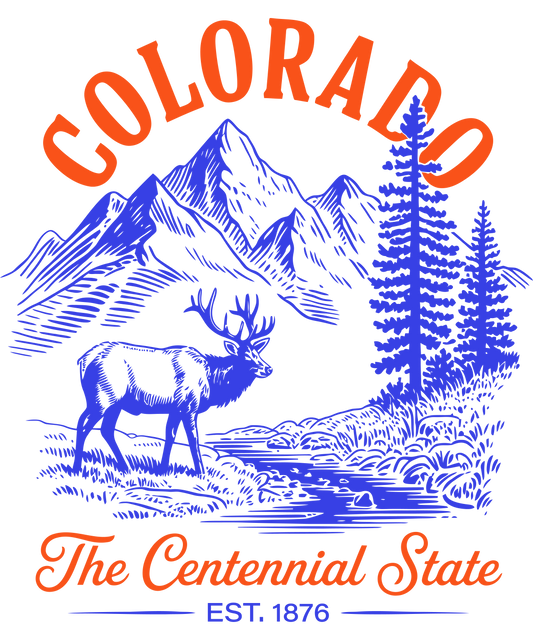 Vintage-style illustration of Colorado featuring a mule deer and snow-capped Rocky Mountains with the text "The Centennial State, Est. 1876."  Pro-Tip for Colorado: