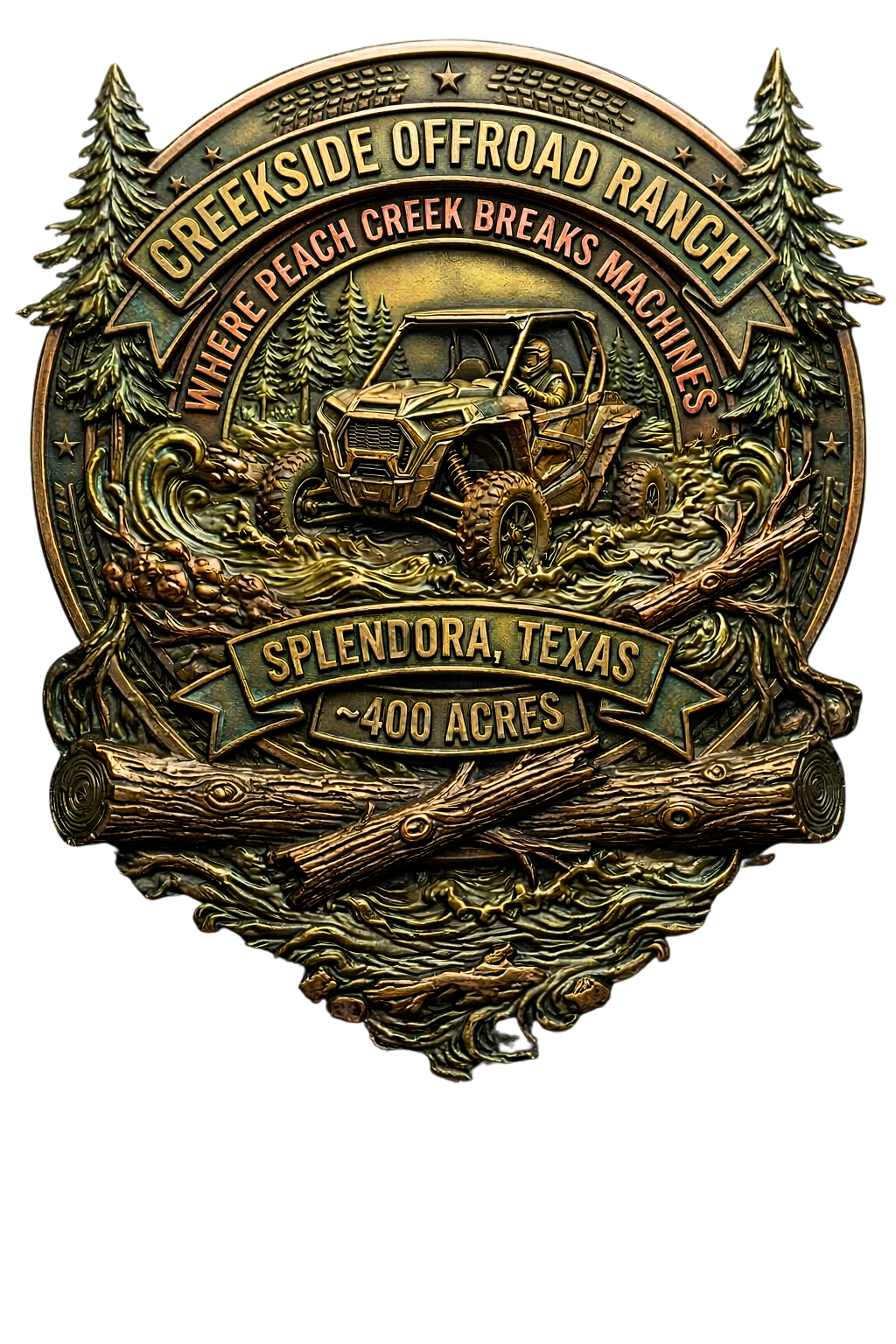 Embossed bronze-green emblem of an off-road UTV crossing a rocky creek with fallen logs, framed by pine trees; banners read CREEKSIDE OFFROAD RANCH, WHERE PEACH CREEK BREAKS MACHINES, SPLENDORA, TEXAS, ~400 ACRES in USA badge.