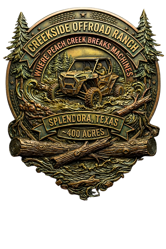Embossed bronze-green emblem of an off-road UTV crossing a rocky creek with fallen logs, framed by pine trees; banners read CREEKSIDE OFFROAD RANCH, WHERE PEACH CREEK BREAKS MACHINES, SPLENDORA, TEXAS, ~400 ACRES in USA badge.