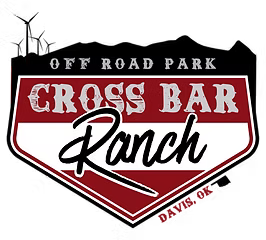 Cross Bar Ranch logo with a mountain silhouette, two wind turbines, and bold distressed lettering reading “Off Road Park Cross Bar Ranch, Davis OK.