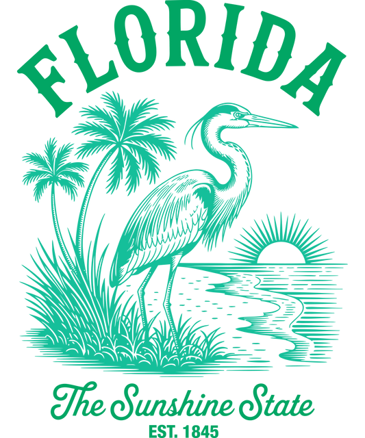 Vintage-style Florida tropical graphic featuring a silhouette of palm trees and a sunset with the text "Florida The Sunshine State Est. 1845" in green and teal.