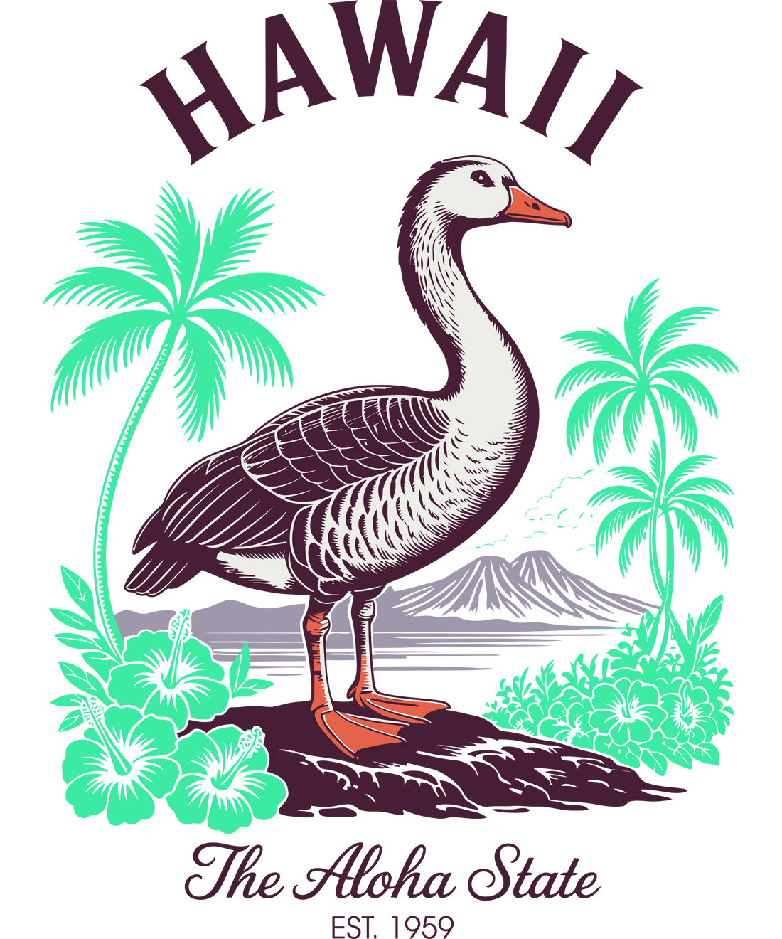 Vintage style Hawaii graphic featuring a Nēnē goose and pink hibiscus flowers with the text 'Hawaii The Aloha State Est. 1959'."