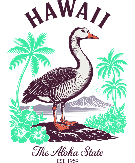 Vintage style Hawaii graphic featuring a Nēnē goose and pink hibiscus flowers with the text 'Hawaii The Aloha State Est. 1959'."
