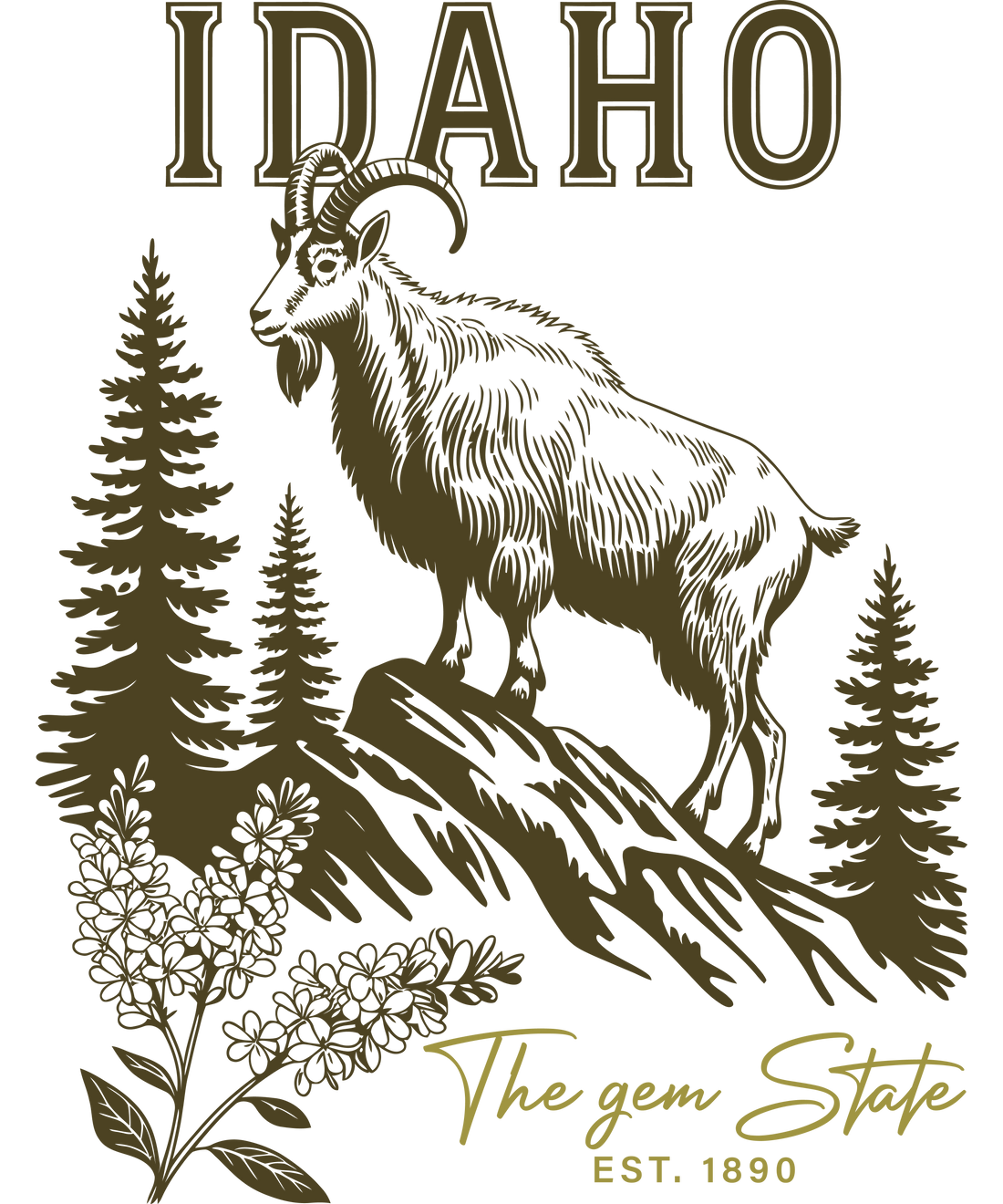Vintage-style Idaho The Gem State graphic featuring a mountain goat standing on a rocky cliffside surrounded by pine trees.