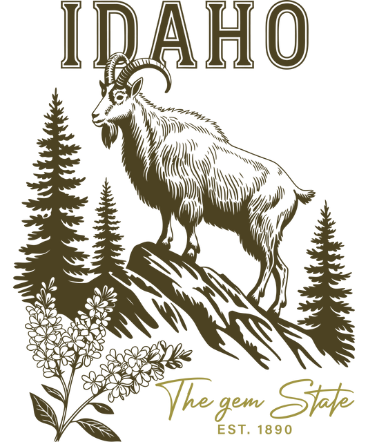 Vintage-style Idaho The Gem State graphic featuring a mountain goat standing on a rocky cliffside surrounded by pine trees.