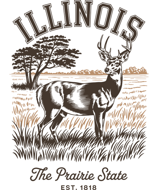 Vintage-style illustration of a white-tailed deer in a grassy field with a forest background, featuring the text "The Prairie State" and "EST. 1818" in a classic black and white etched style.