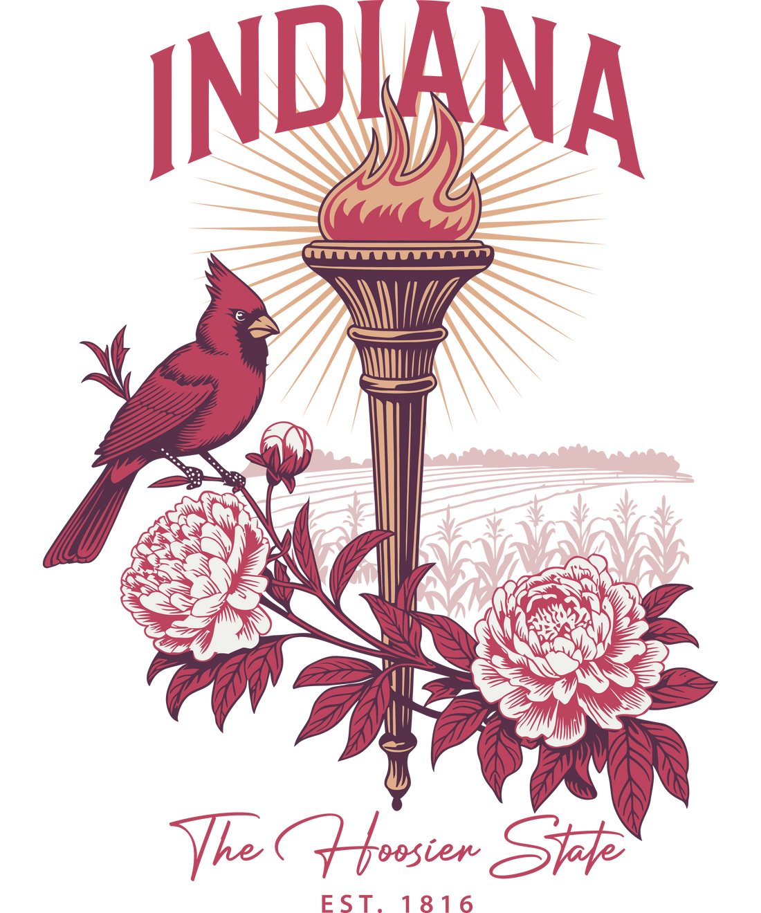 Vintage-style Indiana state graphic featuring a torch and stars with a rustic landscape, including the text "Indiana The Hoosier State Est. 1816" in gold and navy.
