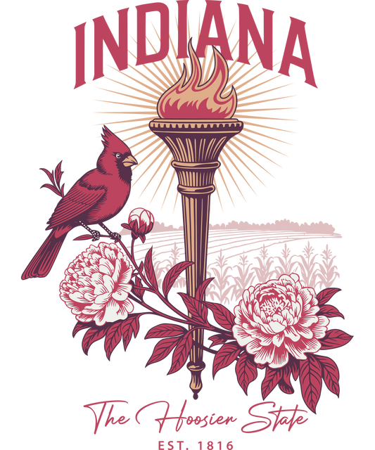 Vintage-style Indiana state graphic featuring a torch and stars with a rustic landscape, including the text "Indiana The Hoosier State Est. 1816" in gold and navy.