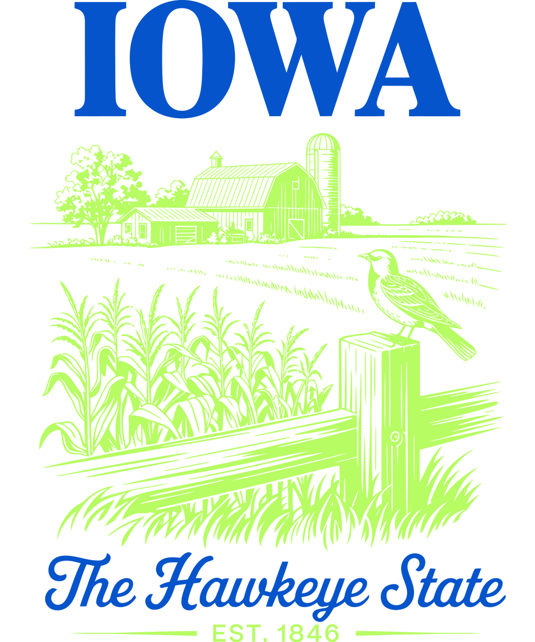 Illustration of the Iowa state seal featuring a bird on a fence, a farm, and cornstalks with the text "Iowa The Hawkeye State Est. 1846" in blue and green.
