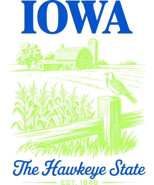 Illustration of the Iowa state seal featuring a bird on a fence, a farm, and cornstalks with the text "Iowa The Hawkeye State Est. 1846" in blue and green.