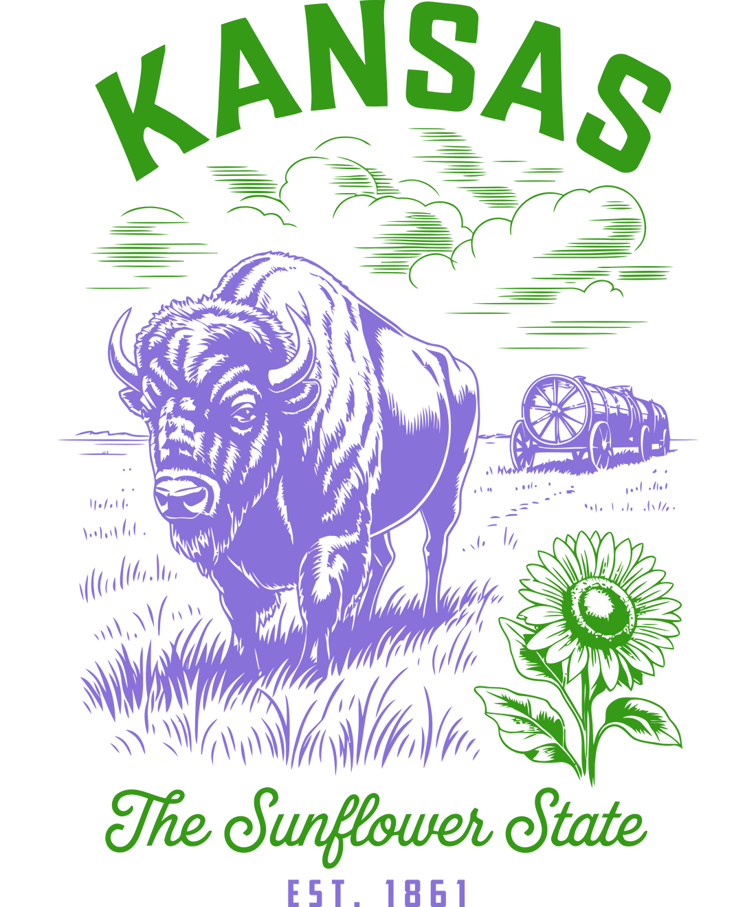 llustration of the Kansas state symbols featuring a bison, a sunflower, and a steam tractor with the text "Kansas The Sunflower State Est. 1861" in green and purple.