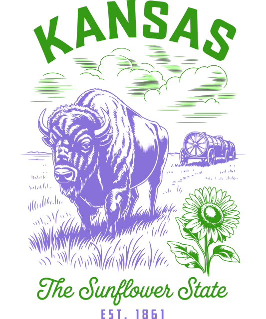 llustration of the Kansas state symbols featuring a bison, a sunflower, and a steam tractor with the text "Kansas The Sunflower State Est. 1861" in green and purple.