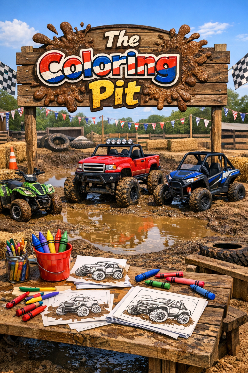 Kids coloring zone at a mud park with mini off-road vehicles, art supplies, and a sign reading ‘The Coloring Pit.