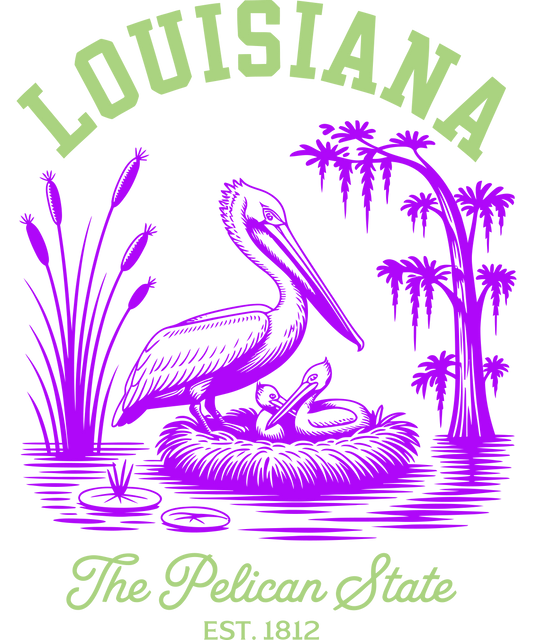 Purple and green graphic of a Pelican with its young in a nest, surrounded by cypress trees and cattails, with text reading "Louisiana The Pelican State Est. 1812."