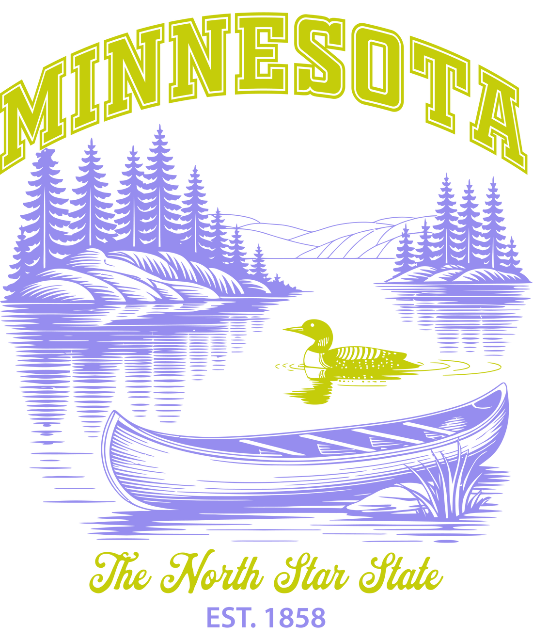 A light purple and green-yellow graphic on a white background reading "MINNESOTA" that features a lake scene with pine trees, a canoe, and a swimming loon, subtitled "The North Star State EST. 1858"