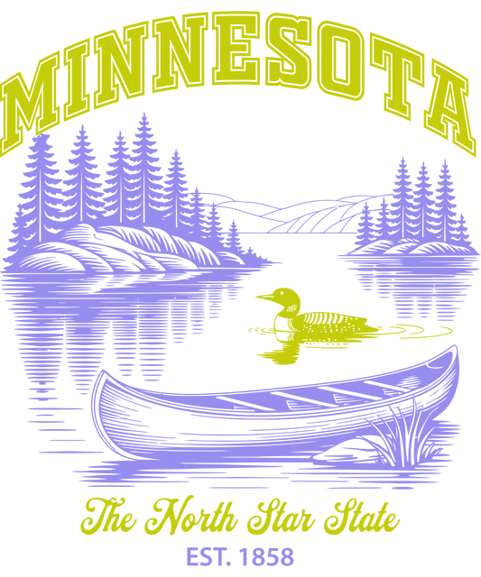 A light purple and green-yellow graphic on a white background reading "MINNESOTA" that features a lake scene with pine trees, a canoe, and a swimming loon, subtitled "The North Star State EST. 1858"