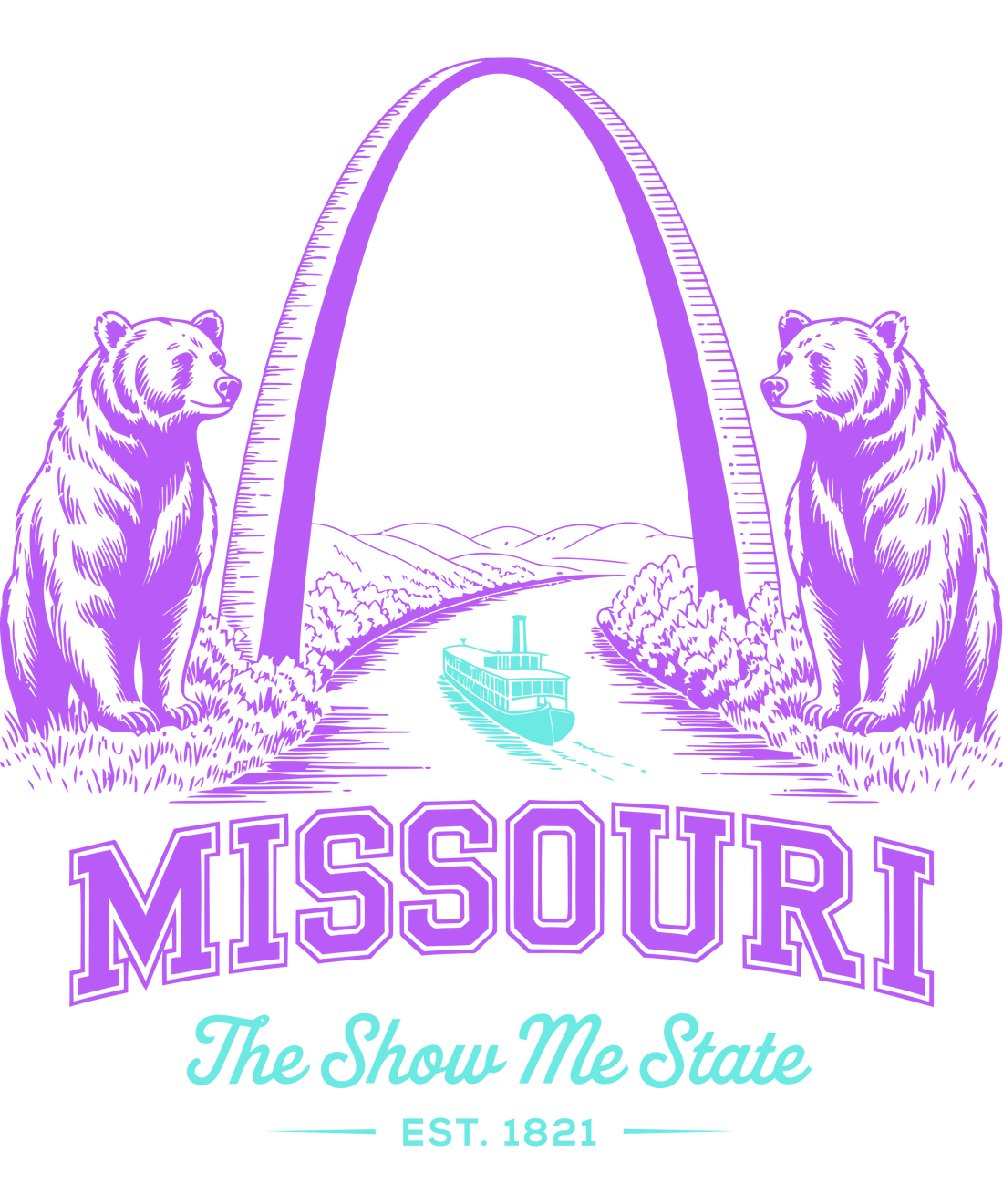 Purple and teal graphic for Missouri "The Show Me State" featuring the Gateway Arch, a riverboat, and two grizzly bears, established 1821.