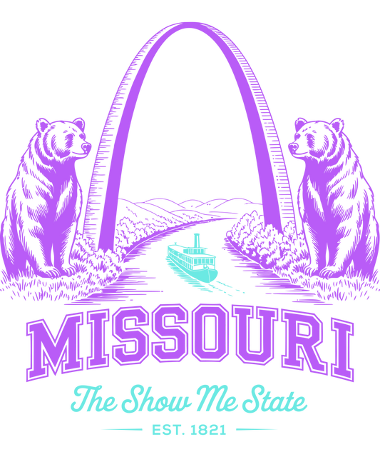 Purple and teal graphic for Missouri "The Show Me State" featuring the Gateway Arch, a riverboat, and two grizzly bears, established 1821.