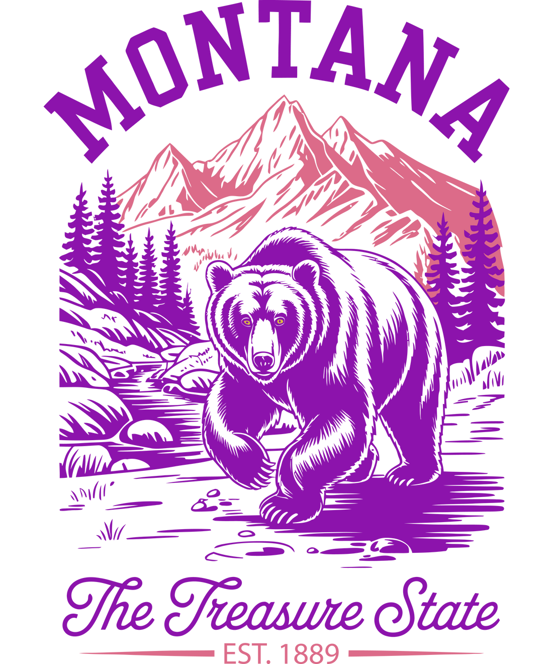 Purple and pink vintage-style Montana The Treasure State graphic featuring a grizzly bear in front of pine trees and mountains.