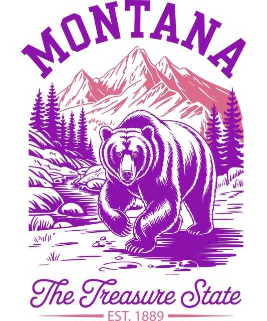 Purple and pink vintage-style Montana The Treasure State graphic featuring a grizzly bear in front of pine trees and mountains.