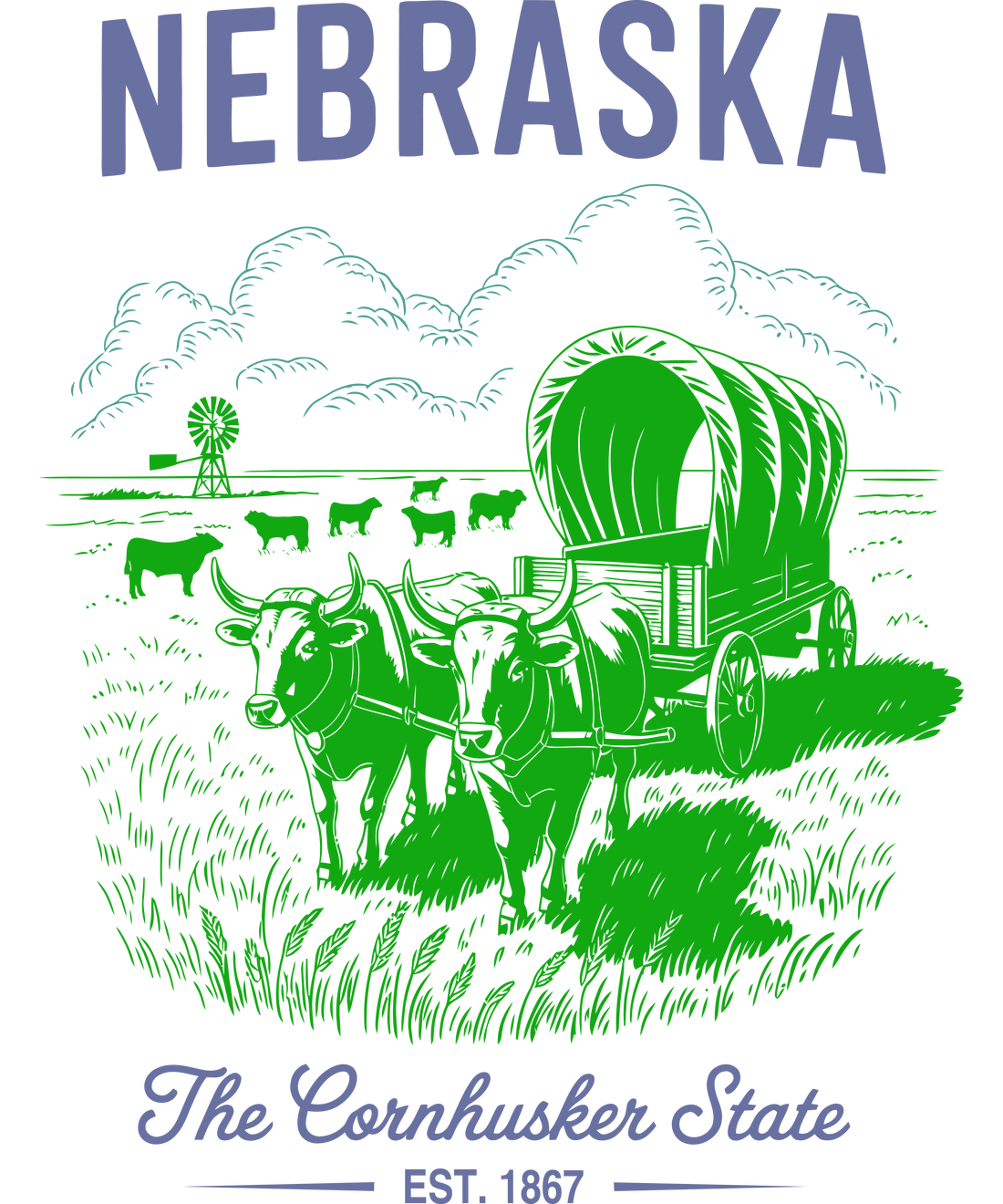 Vintage-style green and blue illustration of Nebraska featuring a horse-drawn pioneer wagon, grazing cattle, and a windmill, with the text "The Cornhusker State."