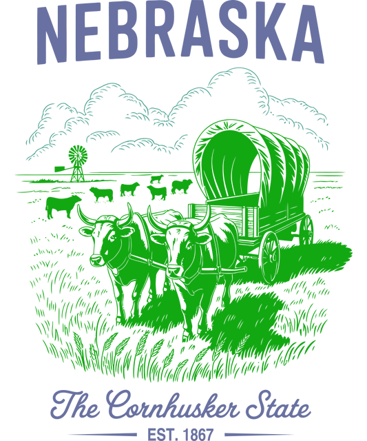 Vintage-style green and blue illustration of Nebraska featuring a horse-drawn pioneer wagon, grazing cattle, and a windmill, with the text "The Cornhusker State."