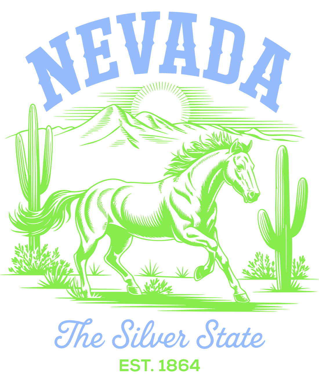 “illustrated vintage Nevada emblem with a galloping horse, desert plants, mountains, and sun, with text reading ‘Nevada The Silver State Est. 1864’”