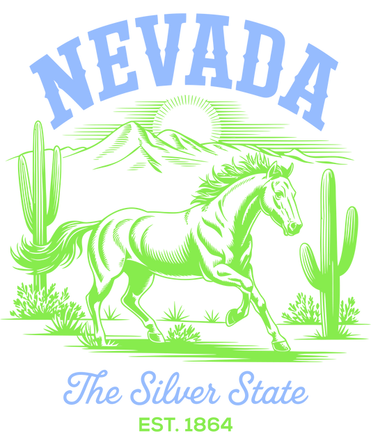 “illustrated vintage Nevada emblem with a galloping horse, desert plants, mountains, and sun, with text reading ‘Nevada The Silver State Est. 1864’”