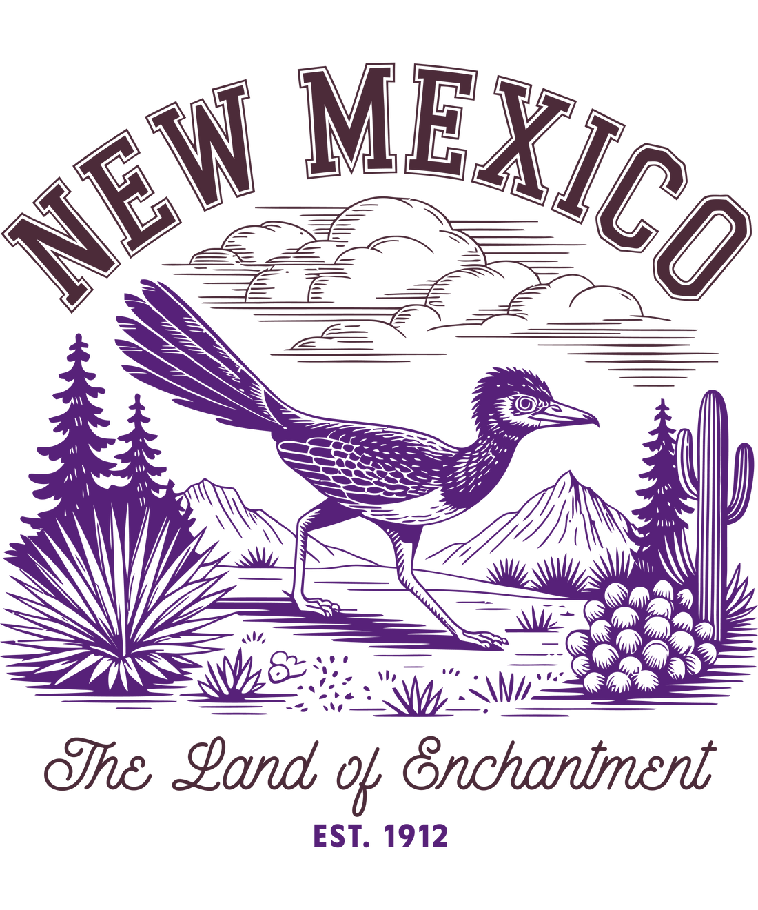 Purple vintage New Mexico travel graphic with roadrunner, cacti, and 'Land of Enchantment' text on a white background.