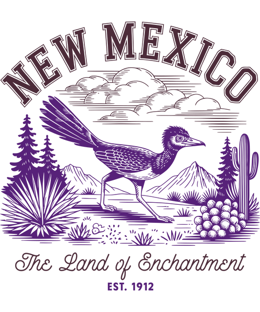 Purple vintage New Mexico travel graphic with roadrunner, cacti, and 'Land of Enchantment' text on a white background.
