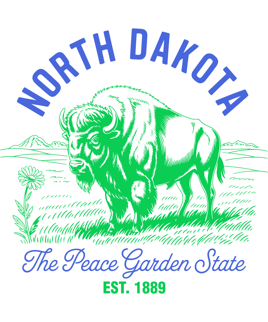 Vintage-style green and blue illustration of North Dakota featuring a bison and a sunflower with the text "The Peace Garden State, Est. 1889