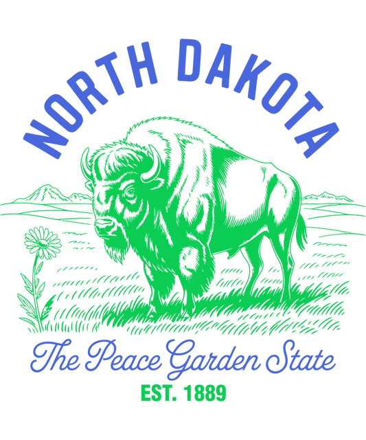 Vintage-style green and blue illustration of North Dakota featuring a bison and a sunflower with the text "The Peace Garden State, Est. 1889