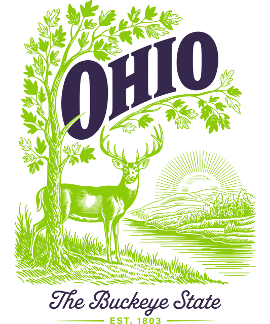 Vintage-style illustration of the state of Ohio featuring a buckeye deer, green foliage, and the text 'The Buckeye State Est. 1803' at the bottom