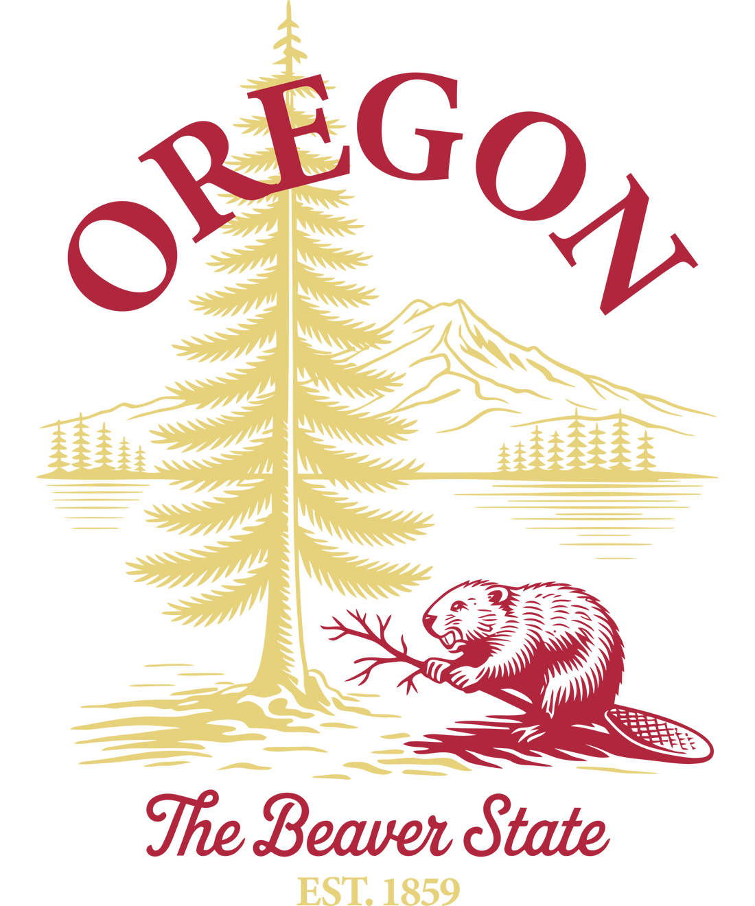 Vintage style Oregon graphic with a beaver on a log and evergreen trees, featuring the text 'Oregon The Beaver State Est. 1859'."