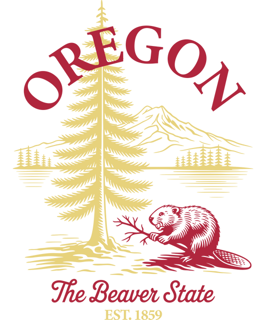 Vintage style Oregon graphic with a beaver on a log and evergreen trees, featuring the text 'Oregon The Beaver State Est. 1859'."