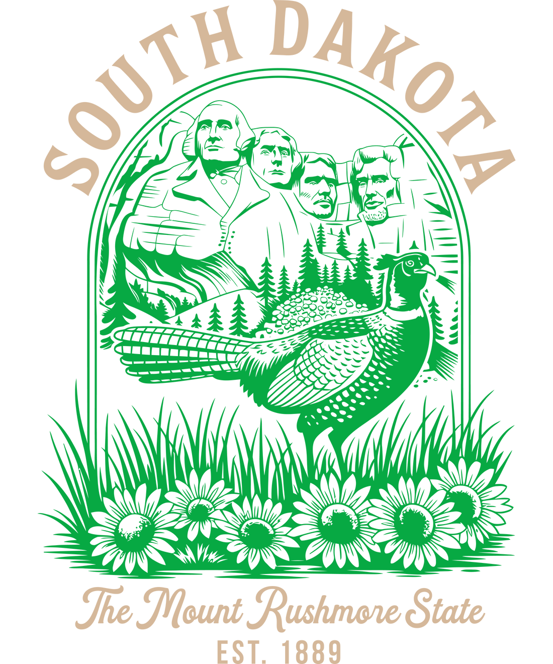 Vintage-style illustration of South Dakota featuring Mount Rushmore, pine trees, and sunflowers with the text "The Mount Rushmore State."