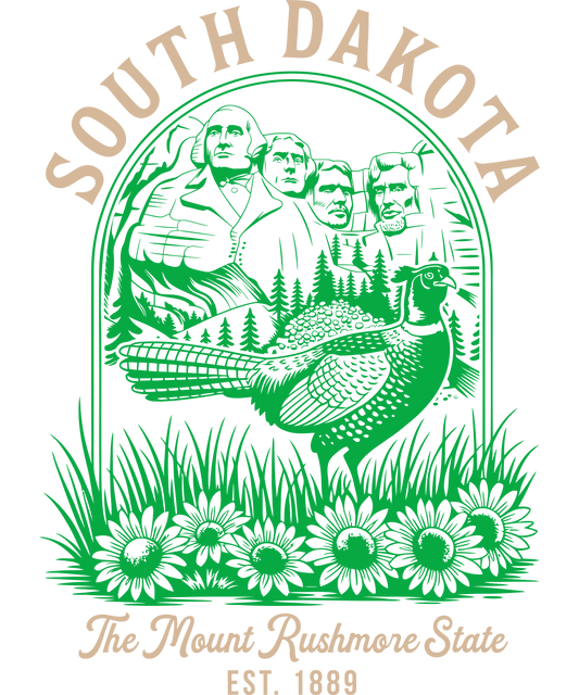 Vintage-style illustration of South Dakota featuring Mount Rushmore, pine trees, and sunflowers with the text "The Mount Rushmore State."