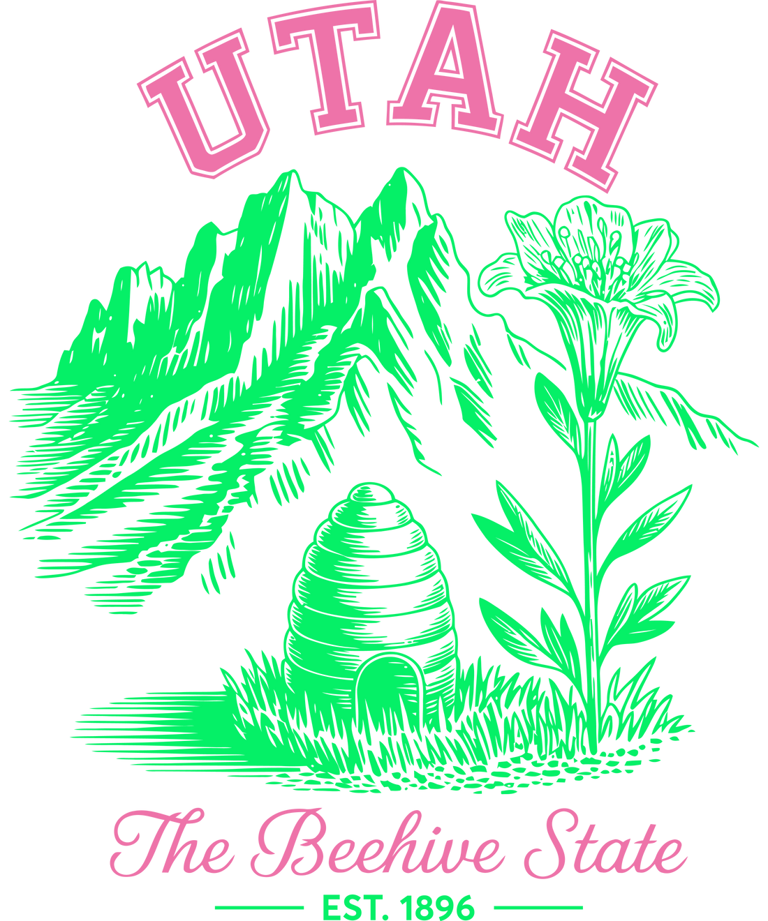 Graphic for Utah off-road events featuring a green illustration of a beehive, mountains, and a Sego Lily with the text 'The Beehive State, Est. 1896'."