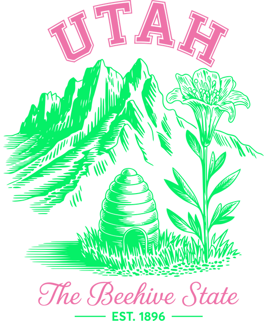 Graphic for Utah off-road events featuring a green illustration of a beehive, mountains, and a Sego Lily with the text 'The Beehive State, Est. 1896'."
