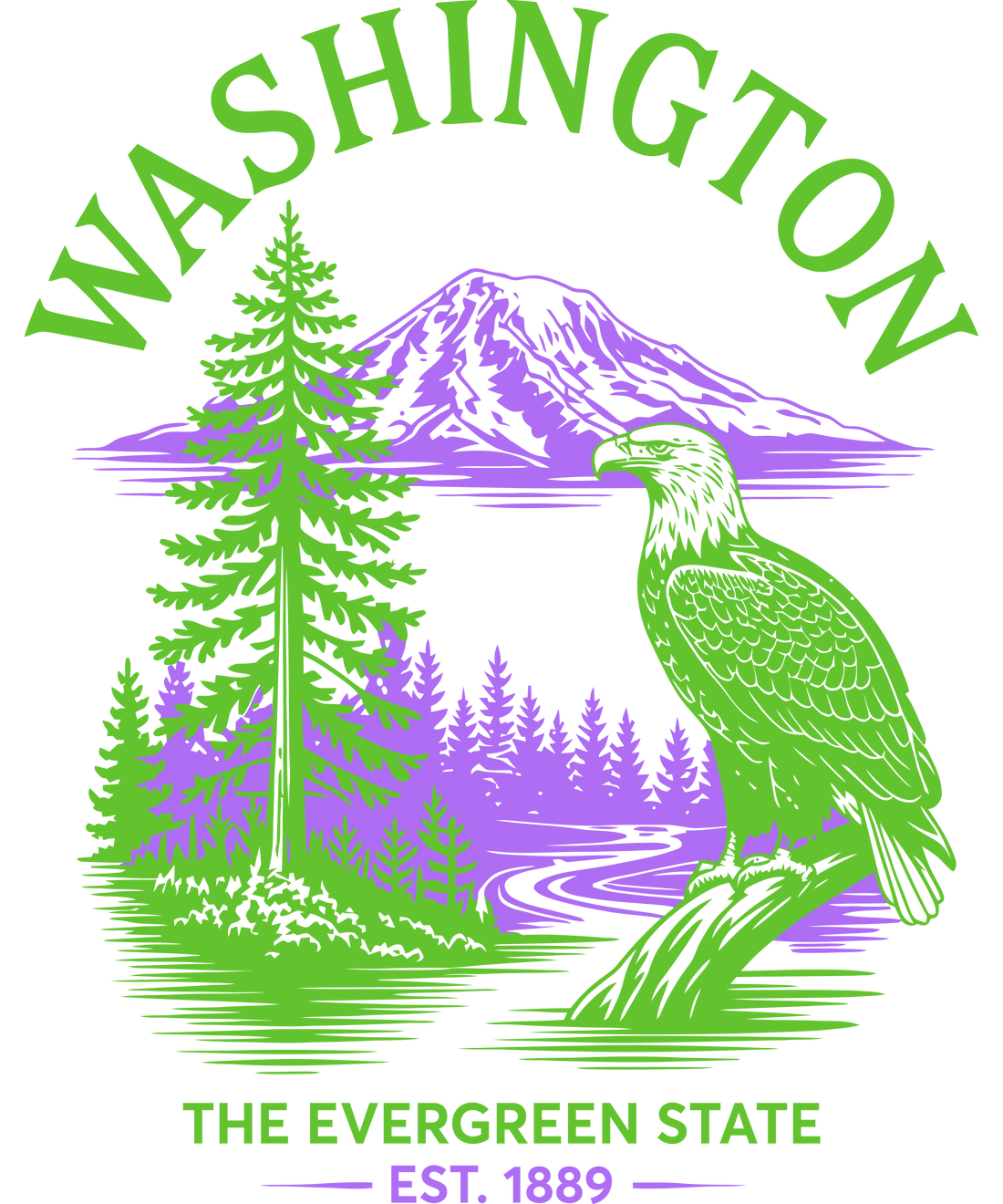 "Vintage style Washington graphic featuring a bald eagle perched on a branch with evergreen forests and mountains, with the text 'Washington The Evergreen State Est. 1889'."